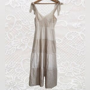 Cotton/Linen Patchwork Gingham Plaid Midi Dress
